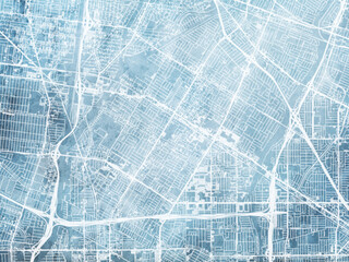 Illustration of a map of the city of  Downey California in the United States of America with white roads on a icy blue frozen background.