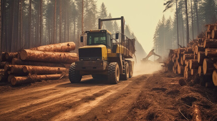 timber loader, Log stacks along forest road