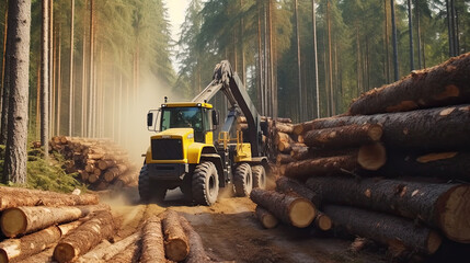 Fototapeta na wymiar timber loader, Log stacks along forest road