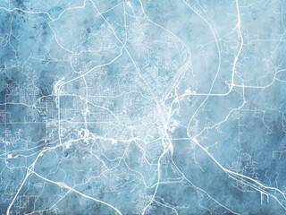 Illustration of a map of the city of  Dubuque Iowa in the United States of America with white roads on a icy blue frozen background.