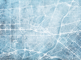 Illustration of a map of the city of  El Monte California in the United States of America with white roads on a icy blue frozen background.