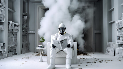 a man in a gas mask and a protective white suit sits on an armchair and reads a newspaper in a modern room with a white interior filled with smoke, a catastrophe 