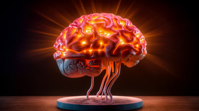 luminous glowing human brain, superdevelopment man of the future, superhuman mind, bioengineering futuristic concept,biohacking