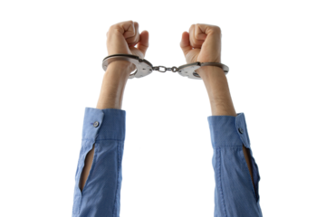 raised hands in handcuffs, freedom concept, on isolated white background