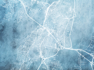 Illustration of a map of the city of  Fall River Massachusetts in the United States of America with white roads on a icy blue frozen background.