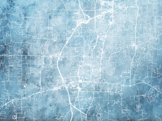 Illustration of a map of the city of  Fayetteville Arkansas in the United States of America with white roads on a icy blue frozen background.
