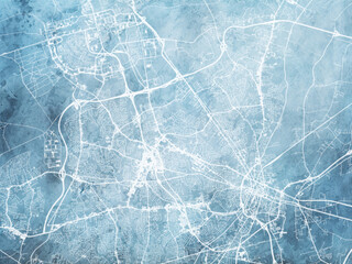 Illustration of a map of the city of  Fayetteville North Carolina in the United States of America with white roads on a icy blue frozen background.