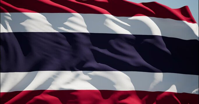 Close-up of the national flag of Thailand flutters in the wind on a sunny day , 4k slow motion