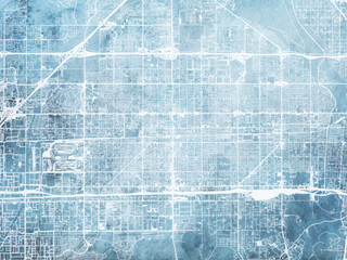 Illustration of a map of the city of  Fontana California in the United States of America with white roads on a icy blue frozen background.