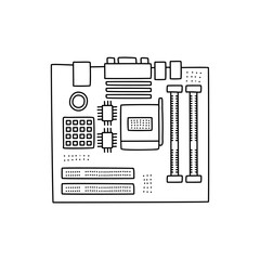 Computer motherboard doodle line icon illustration. linear style sign for mobile concept and web design. PC mainboard outline vector icon