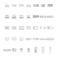 Set of hand drawn GADGET icons with notebook, tablet, pc, computer, laptop, monitor, and other