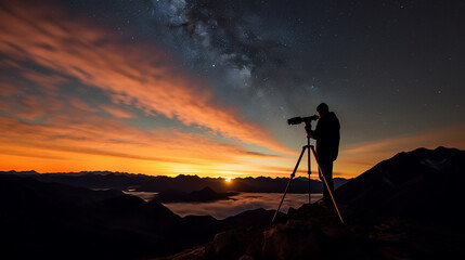 A person immersed in stargazing through a telescope, their silhouette against a vibrant sunset backdrop. Generative AI