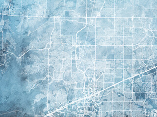 Illustration of a map of the city of  Frisco Texas in the United States of America with white roads on a icy blue frozen background.