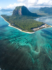 Incredible view of Le Morne mountain in Mauritius. Picture taken from drone