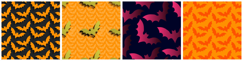 4 Seamless patterns of black, red, pink, gold and gradient flying bats with shadows for perspective on colored backgrounds. Black bats. Colorful Halloween pattern collection. Vector Illustrations.