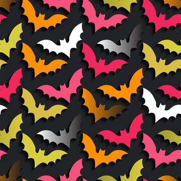 Fun and colorful seamless pattern of flying bats on dark background. Multi-colored flying bat pattern. Perfect for horror-themed background designs, Halloween wallpapers. Vector Illustration.