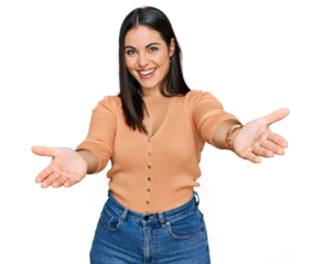 Young hispanic woman wearing casual clothes smiling cheerful offering hands giving assistance and acceptance.