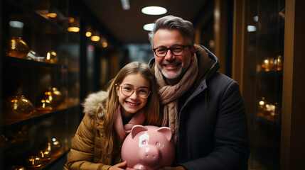  Family saving money in a piggybank. Generative Ai