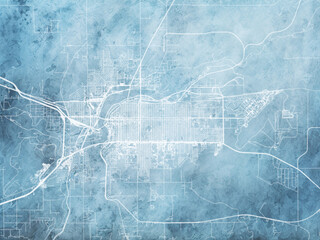 Illustration of a map of the city of  Great Falls Montana in the United States of America with white roads on a icy blue frozen background.