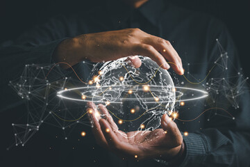 Connected in Digital Era, Businessman hand holds globe, illustrating interconnectedness facilitated...