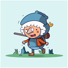Old white woman in a hat hiking, walking in the nature in autumn. Funny cartoon character of a happy grandma with a backpack on an outdoor adventure