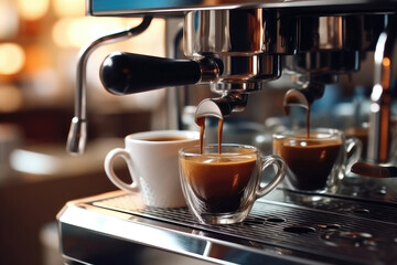 Fresh aromatic espresso pouring from coffee machine at coffee house