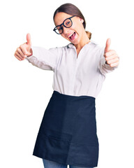 Beautiful brunette young woman wearing professional waitress apron approving doing positive gesture...