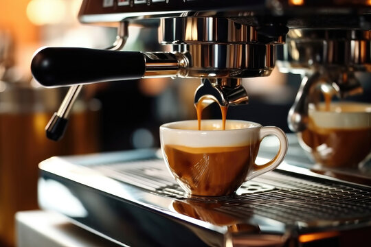 Fresh aromatic espresso pouring from coffee machine at coffee house