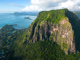 Incredible view of Le Morne mountain in Mauritius. Picture taken from drone