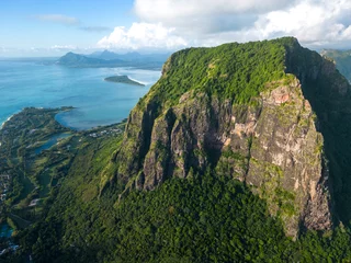 Stickers pour porte Le Morne, Maurice Incredible view of Le Morne mountain in Mauritius. Picture taken from drone