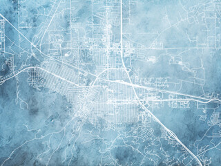 Illustration of a map of the city of  Helena Montana in the United States of America with white roads on a icy blue frozen background.