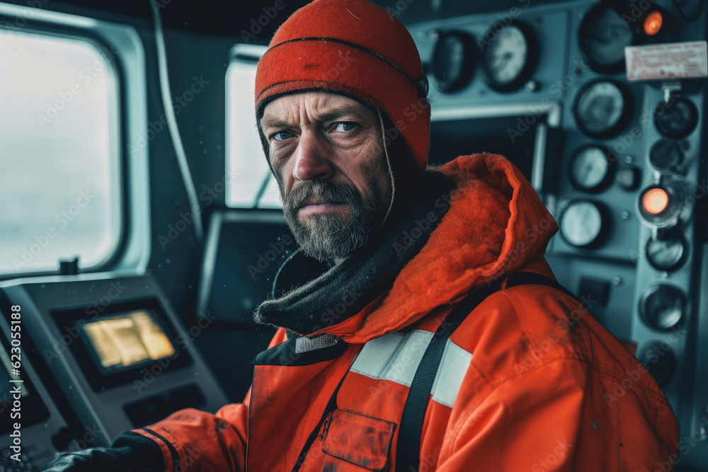 Wall mural portrait of a serious adult captain working on icebreaker ship in arctic sea