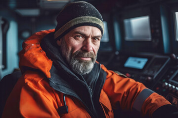 Portrait of a serious adult captain working on icebreaker ship in arctic sea - obrazy, fototapety, plakaty