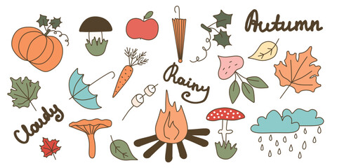 Flat Set of Autumn elements. Vector illustration. Warm pastel Cartoon collection of desing elements. Seasonal clipart with leaves, mushroom, umbrella, pumpkin, marshmallow, bonfire, lettering, harvest