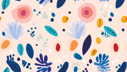 Hand drawn bright naive abstract floral print. Cute collage pattern. Fashionable template for design