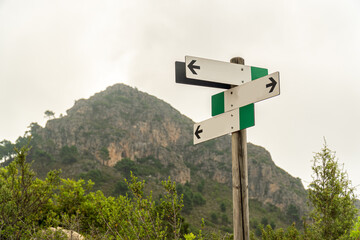  Signpost with arrows indicating various roads and trails