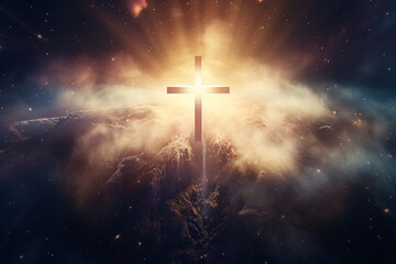 Fototapeta premium Culture and religion concept. Glowing catholic cross above planet Earth and surrounded clouds. Minimalist and surreal sacral illustration. Generative AI