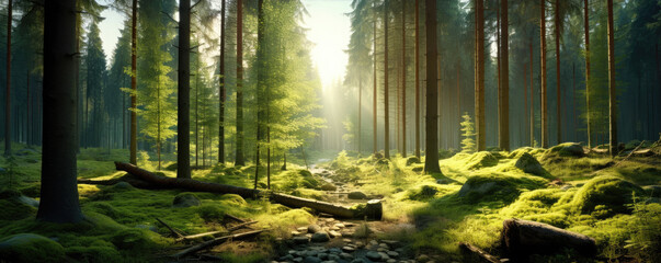 Natural Forest of Trees in green nature, copy space for text, wide banner