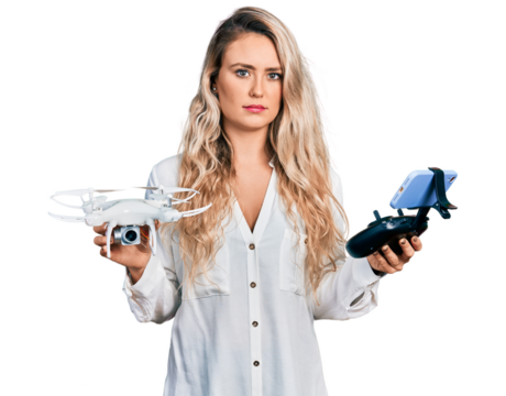 Young blonde woman holding television remote control relaxed with serious expression on face. simple and natural looking at the camera.