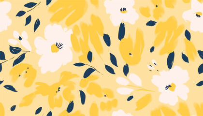 Hand drawn bright yellow simple abstract floral print. Minimalist trendy pattern. Fashionable template for design