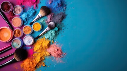 Cosmetic product presentation background with colorful brushes and copy space
