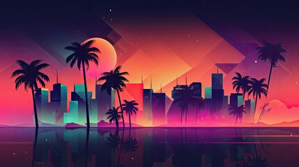 Fototapeta premium Miami city colorful illustration at sunset with buildings, palms and water