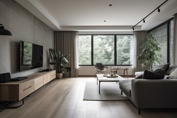 Minimalist style interior design of modern living room with coach, carpet and tv