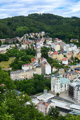 Beautiful colorful buildings in traditional spa town of Karlovy Vary, Czech Republic. Traditional...
