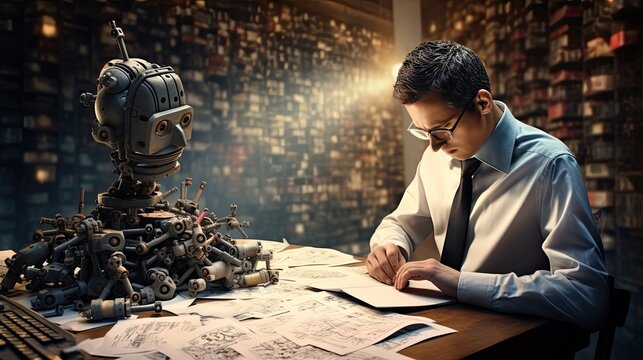 Suited man solving problems and an exploded robot