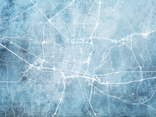 Illustration of a map of the city of  Jackson Mississippi in the United States of America with white roads on a icy blue frozen background.