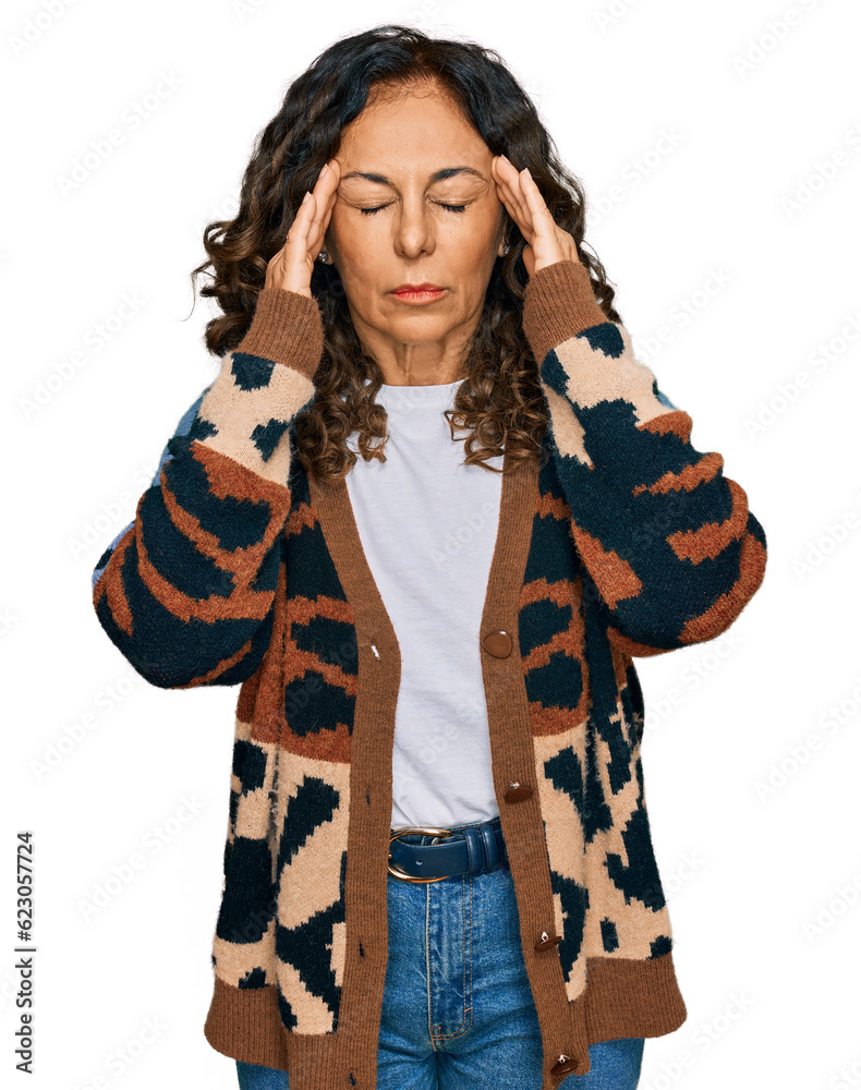 Sticker middle age hispanic woman wearing casual clothes with hand on head for pain in head because stress. 