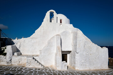Famous tourist landmark of Greece - Greek Orthodox Church of Panagia Paraportiani in town of Chora...