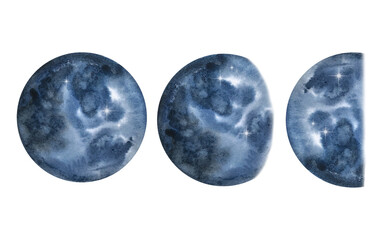 Set of watercolor dark blue moon