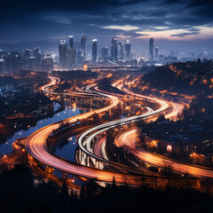 Fototapeta na wymiar wonderful view of the city and of cars that leave the trail of light, long photographic exposure Generative AI